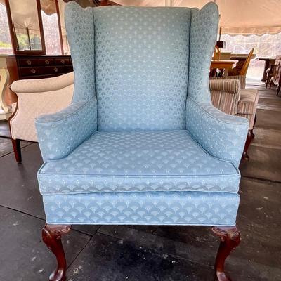 Lot# 029.Vintage Damask Upholstered Wingback Chair with Down Cushion