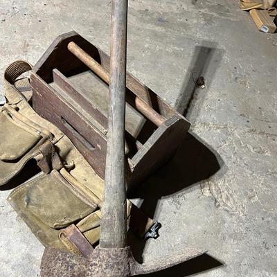 Vintage Wood Tool Caddy, Craftsman Tool Belt, and Pick Axe (basement)