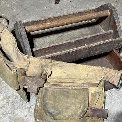 Vintage Wood Tool Caddy, Craftsman Tool Belt, and Pick Axe (basement)