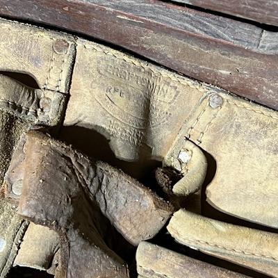 Vintage Wood Tool Caddy, Craftsman Tool Belt, and Pick Axe (basement)