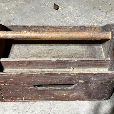 Vintage Wood Tool Caddy, Craftsman Tool Belt, and Pick Axe (basement)