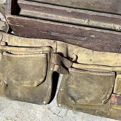 Vintage Wood Tool Caddy, Craftsman Tool Belt, and Pick Axe (basement)