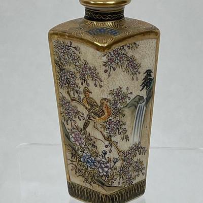 Miniature Vase Satsuma Style cream colored glaze bird & flower scenes with gilt 3.5"