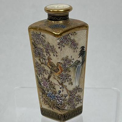 Miniature Vase Satsuma Style cream colored glaze bird & flower scenes with gilt 3.5"