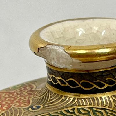 Miniature Vase Satsuma Style cream colored glaze bird & flower scenes with gilt 3.5"