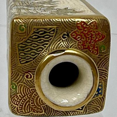 Miniature Vase Satsuma Style cream colored glaze bird & flower scenes with gilt 3.5"