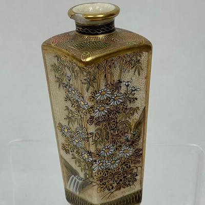 Miniature Vase Satsuma Style cream colored glaze bird & flower scenes with gilt 3.5"