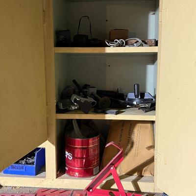 Yellow Shelf and Work Table Contents Lot (basement)