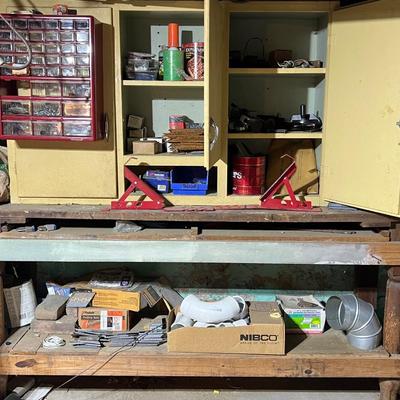 Yellow Shelf and Work Table Contents Lot (basement)