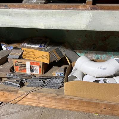 Yellow Shelf and Work Table Contents Lot (basement)