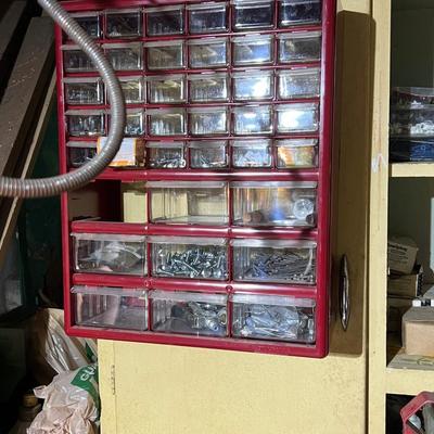 Yellow Shelf and Work Table Contents Lot (basement)