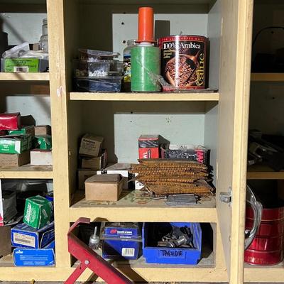 Yellow Shelf and Work Table Contents Lot (basement)