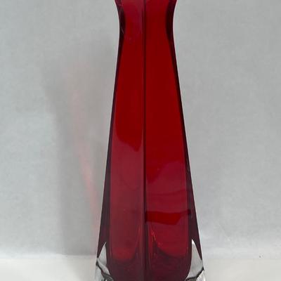 MCM Square Geometric Glass Ruby Red Vase with Flared Top and Clear Bottom - Heavy 10.5" Tall
