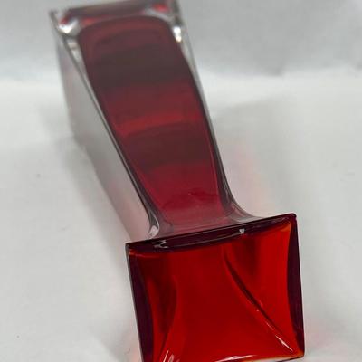 MCM Square Geometric Glass Ruby Red Vase with Flared Top and Clear Bottom - Heavy 10.5" Tall