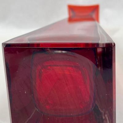 MCM Square Geometric Glass Ruby Red Vase with Flared Top and Clear Bottom - Heavy 10.5" Tall