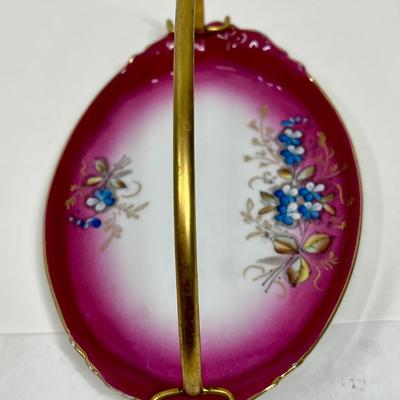 Imperial Russian Antique Porcelain Oval centerpiece Plate with metal handle carrier
