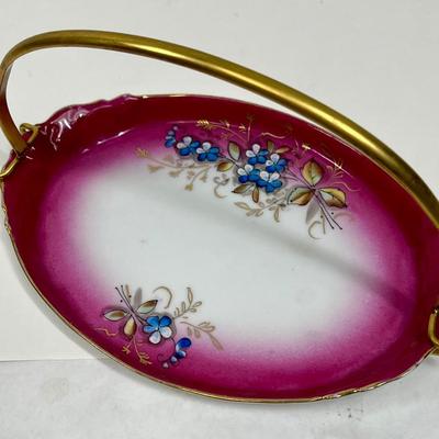Imperial Russian Antique Porcelain Oval centerpiece Plate with metal handle carrier
