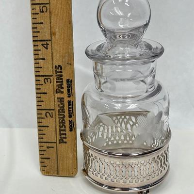 Etched Glass Condiment with Silver Tone Base