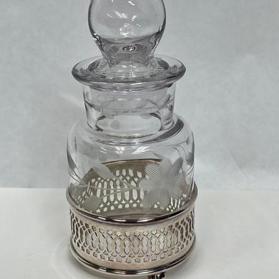 Etched Glass Condiment with Silver Tone Base