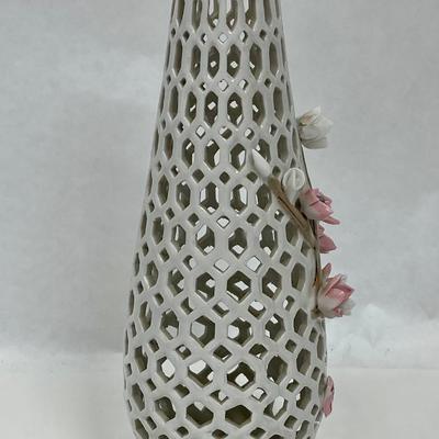 Porcelain Lattice Vase with Applied Pink Flowers 9" tall