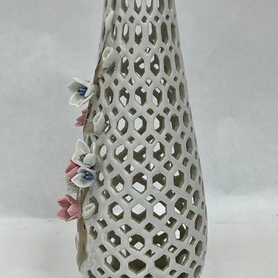 Porcelain Lattice Vase with Applied Pink Flowers 9" tall