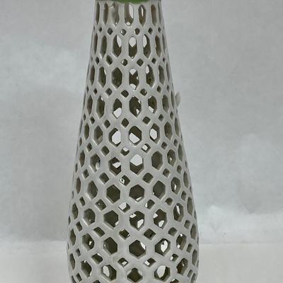Porcelain Lattice Vase with Applied Pink Flowers 9" tall