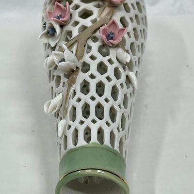 Porcelain Lattice Vase with Applied Pink Flowers 9" tall