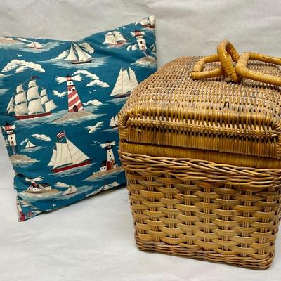 Woven Rattan Lidded Picnic Basket and Nautical Decorative Pillow