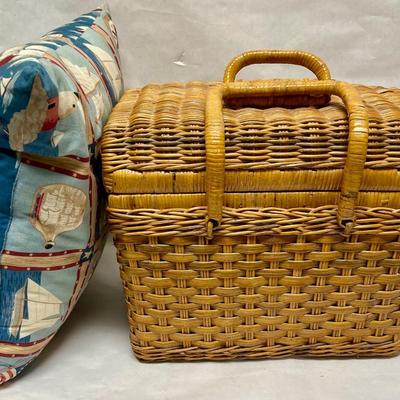 Woven Rattan Lidded Picnic Basket and Nautical Decorative Pillow