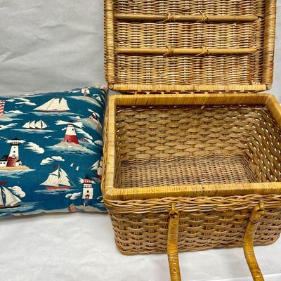 Woven Rattan Lidded Picnic Basket and Nautical Decorative Pillow