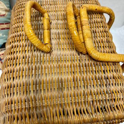 Woven Rattan Lidded Picnic Basket and Nautical Decorative Pillow