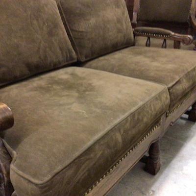 Wood and Brown Velvet With Brass Tacks Couch / Love Seat