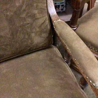 Wood and Brown Velvet With Brass Tacks Couch / Love Seat