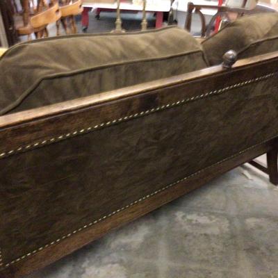 Wood and Brown Velvet With Brass Tacks Couch / Love Seat