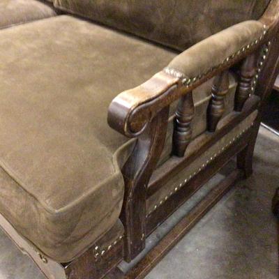 Wood and Brown Velvet With Brass Tacks Couch / Love Seat