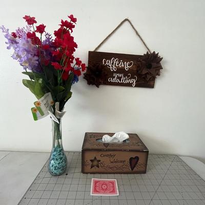 Tissue Box, Wall Decor Board & Artificial Flowers Bunch