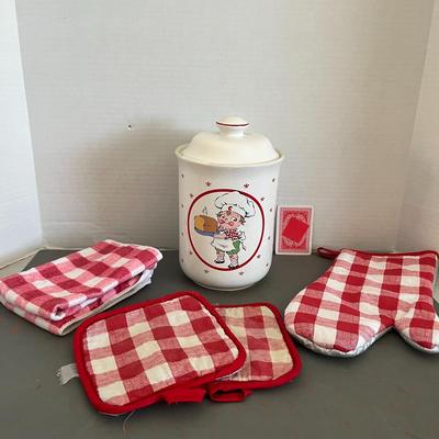 Ceramic Canister - Boy Server & Red, White Cotton Kitchen Linen Set