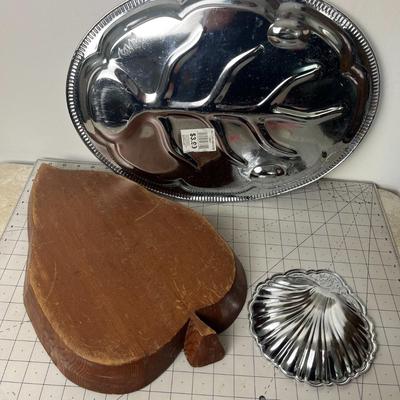 Oval Silver Serving Tray, Wooden Leaf Tray & Silver Plated Shell Fruit Bowl