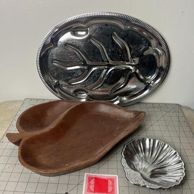 Oval Silver Serving Tray, Wooden Leaf Tray & Silver Plated Shell Fruit Bowl