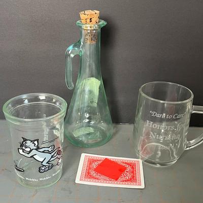 Vintage Oil Jar, Tom & Jerry Glass & "Dare To Care" Quotes Glass