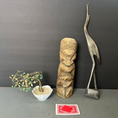 Vintage Carved Tiki, Carved Horn Bird Sculpture & Twisted wire tree sculpture