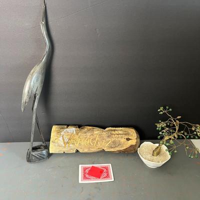 Vintage Carved Tiki, Carved Horn Bird Sculpture & Twisted wire tree sculpture