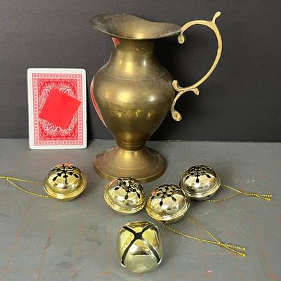 Solid Brass Urn Pitcher Vase With Handle, Heart Shaped Jewelry Music Box & Gold Jingle Bells