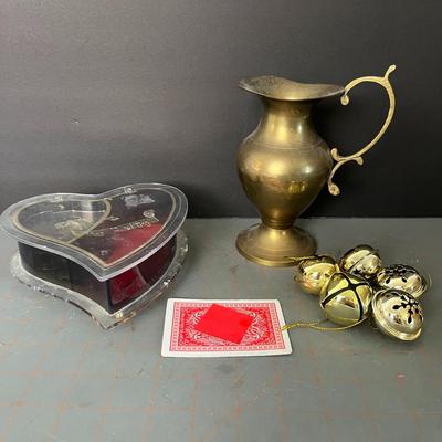 Solid Brass Urn Pitcher Vase With Handle, Heart Shaped Jewelry Music Box & Gold Jingle Bells