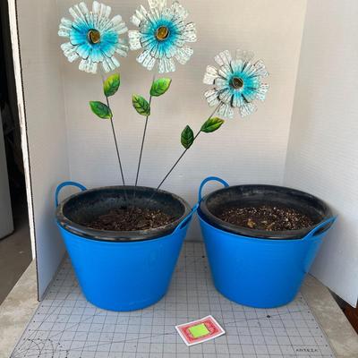 Two Pots with Metal Flower Decor