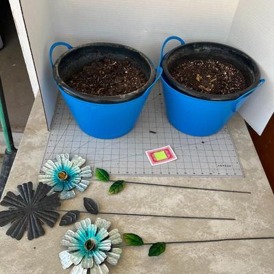 Two Pots with Metal Flower Decor