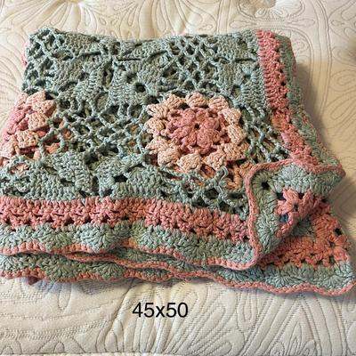 Green and Pink Daisy Crocheted Blanket