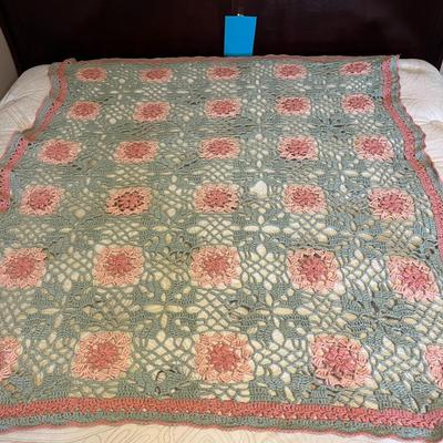 Green and Pink Daisy Crocheted Blanket