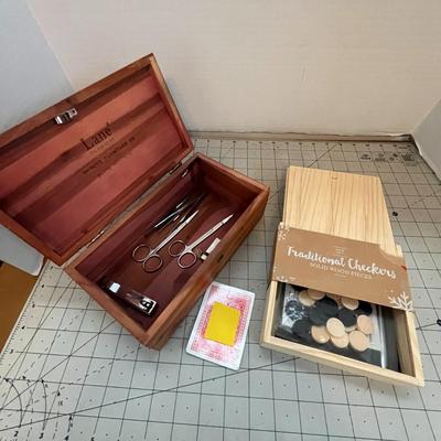 Black Leather Gift Hamper Basket and Lane Mini Cedar Chest Box and One Set Traditional Checkers Solid Wood Pieces (NEW!)