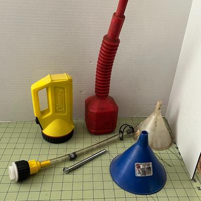 Various Car Oils and Fi=unnels - Pennzoil, Funnel King Flex-O-Spout Red Flexible, Funnel, Headlight, Valvoline Oil